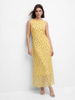 Outzidr - Yellow Polka Dotted Maxi Dress