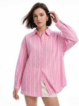 Outzidr - Pink Button Down Striped Relax Shirt