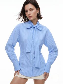 Outzidr - Blue Bow Detailed Striped Blouse