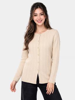 ZIGO - Women Acrylic Round Neck Self Designed Beige Cardigan