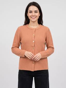 ZIGO - Women's Round Neck Textured Rust Cardigan
