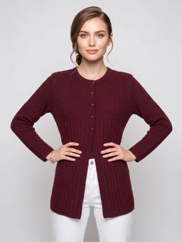 ZIGO - Women Self Designed Round Neck Maroon Cardigan