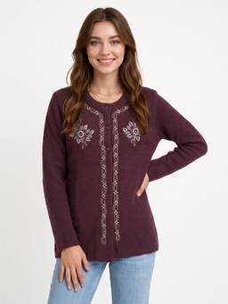 ZIGO - Women Round Neck Embroidered Maroon Cardigan