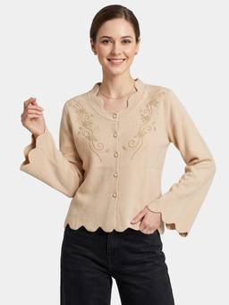 ZIGO - Women V Neck Embroidered Beige Cardigan