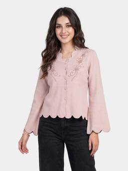 ZIGO - Women Round Neck Embroidered Pink Cardigan