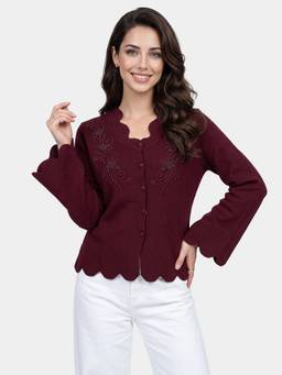 ZIGO - Women's V Neck Embroidered Wine Cardigan
