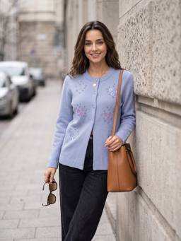 ZIGO - Women's Round Neck Embroidered Blue Cardigan