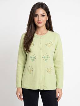 ZIGO - Women Round Neck Embroidered Green Cardigan