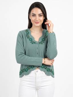 ZIGO - Women V Neck Embroidered Green Cardigan