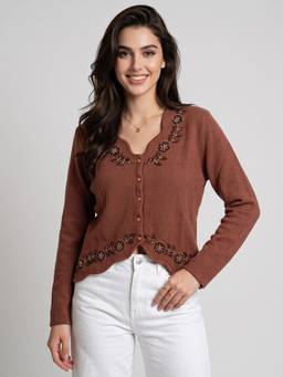 ZIGO - Women V Neck Embroidered Rust Cardigan