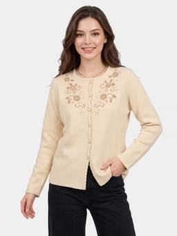 ZIGO - Women Round Neck Embroidered Beige Cardigan