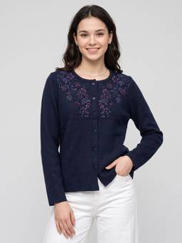 ZIGO - Women's Round Neck Embroidered Navy Blue Cardigan