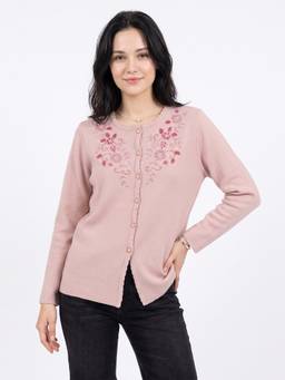 ZIGO - Women Embroidered Round Neck Pink Cardigan