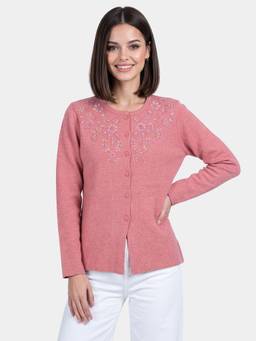 ZIGO - Women Round Neck Embroidered Peach Cardigan