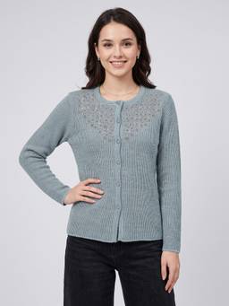 ZIGO - Women's Round Neck Embroidered Grey Cardigan