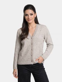 ZIGO - Women's V Neck Embroidered Beige Cardigan