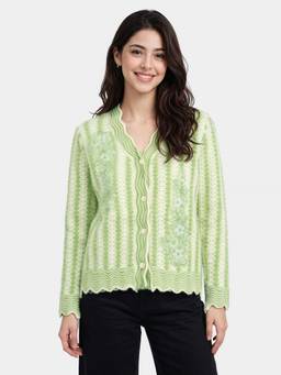 ZIGO - Women's V Neck Embroidered Green Cardigan