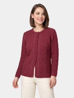 ZIGO - Women's Embroidered Round Neck Maroon Cardigan