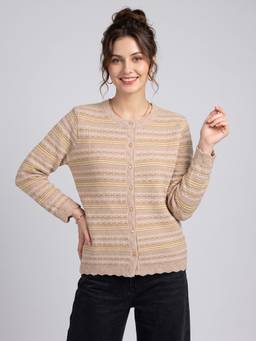 ZIGO - Women's Round Neck Textured Orange Cardigan