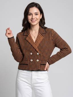 ZIGO - Women's Notched Lapel Checks Rust Cardigan