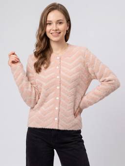 ZIGO - Women's Round Neck Self Designed Peach Cardigan