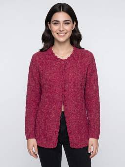 ZIGO - Women's Round Neck Self Designed Maroon Cardigan