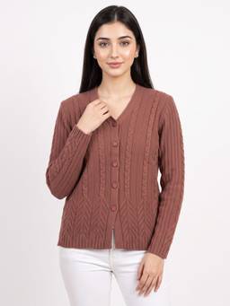 ZIGO - Women's V Neck Self Designed Rust Cardigan
