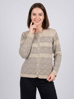 ZIGO - Women's Beige Round Neck Textured Cardigan