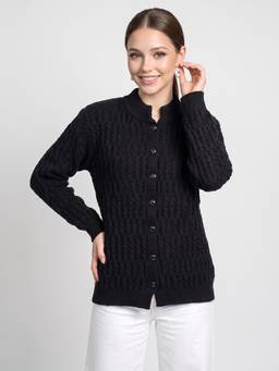 ZIGO - Women's Mandarin Neck Self Designed Black Cardigan