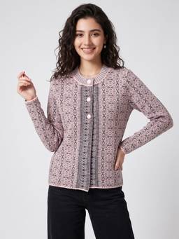 ZIGO - Women's Round Neck Printed Pink Cardigan