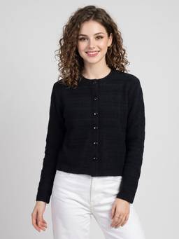 ZIGO - Women's Round Neck Solid/Plain Black Cardigan