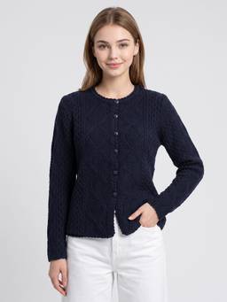 ZIGO - Women Round Neck Self Designed Blue Cardigan