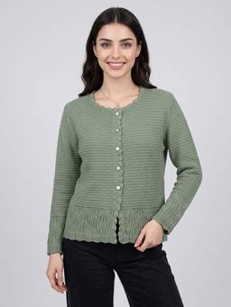 ZIGO - Women's Round Neck Self Designed Green Cardigan