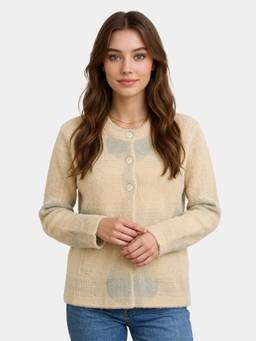 ZIGO - Women's Acrylic Round Neck Textured Beige Cardigan