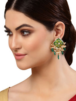 Dugran By Dugristyle - Green & White Meenakari Kundan Dangler Earring