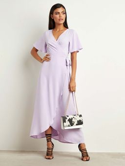 Styli - Lavender Plain Wrap Around Maxi Dress With Short Sleeves