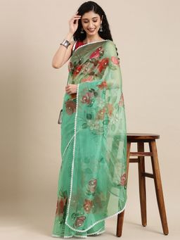 Vastranand - Green Floral Beads And Stones Organza Saree with Unstitched Blouse