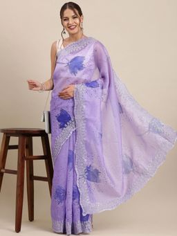 Vastranand - Lavender & Blue Floral Organza Saree with Unstitched Blouse