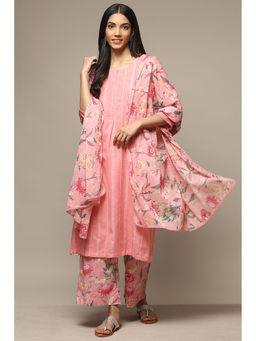 Biba - Womens Pink Printed Rayon Straight Suit (Set of 3)