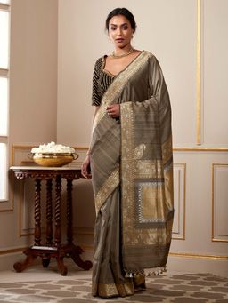 WeaverStory - Handloom Grey Tusser Silk Banarasi Saree With Unstitched Blouse