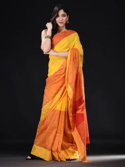 Beatitude - Yellow Blended Cotton Woven Saree with Unstitched Blouse