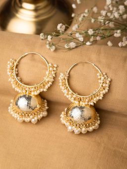 Indya - Gold Beaded Textured Hoop Jhumka Earrings