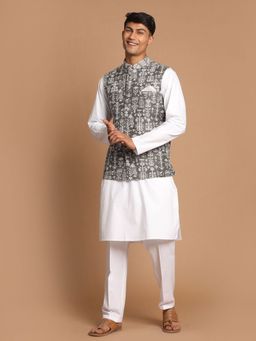 Vastramay - Men Green And White Pure Cotton Jacket, Kurta And Pyjama (Set of 3)