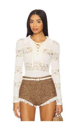 Yuhan Wang - Collared Stripe Lace Polo Top