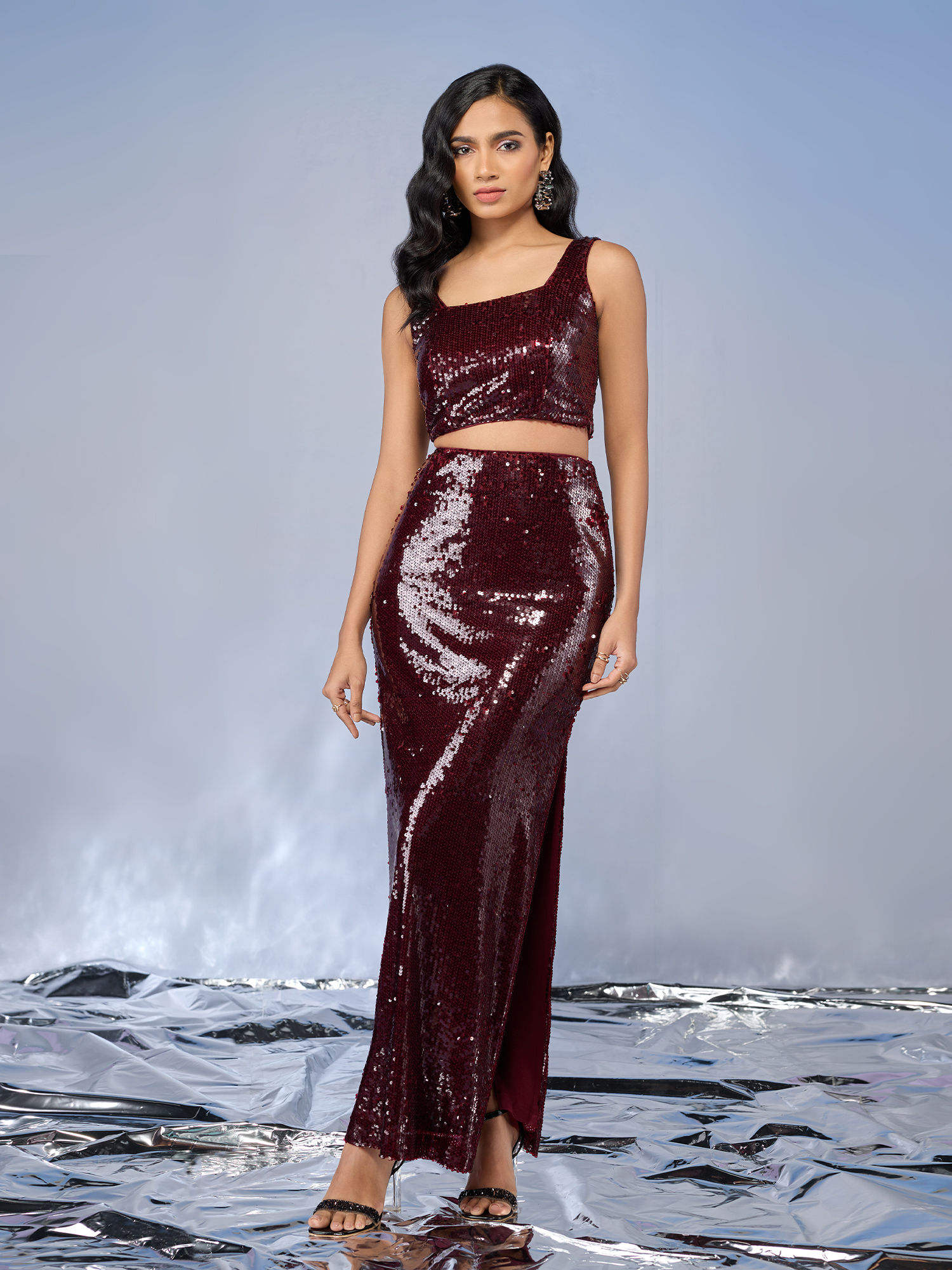 Buy RSVP by Nykaa Fashion Maroon Sequin Side Slit Maxi Skirt Co