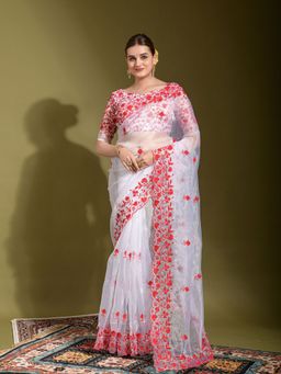 Odette - White Organza Designer Saree with Unstitched Blouse