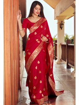 Monjolika Fashion - Weaving Red Silk Designer Traditional Saree With Unstitched Blouse
