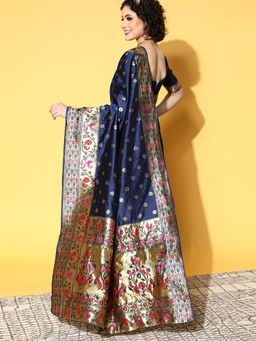 Odette - Silk Blend Navy Blue Woven Design Saree with Unstitched Blouse