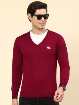 Monte Carlo - Medium Maroon Solid V Neck Pullover Sweater