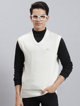 Monte Carlo - Off White Solid V Neck Sweater